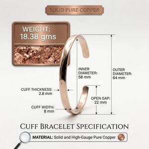 Solid Pure Copper Cuff Bracelet, Unisex High-Gauge Bangle, Minimalist Wellness
